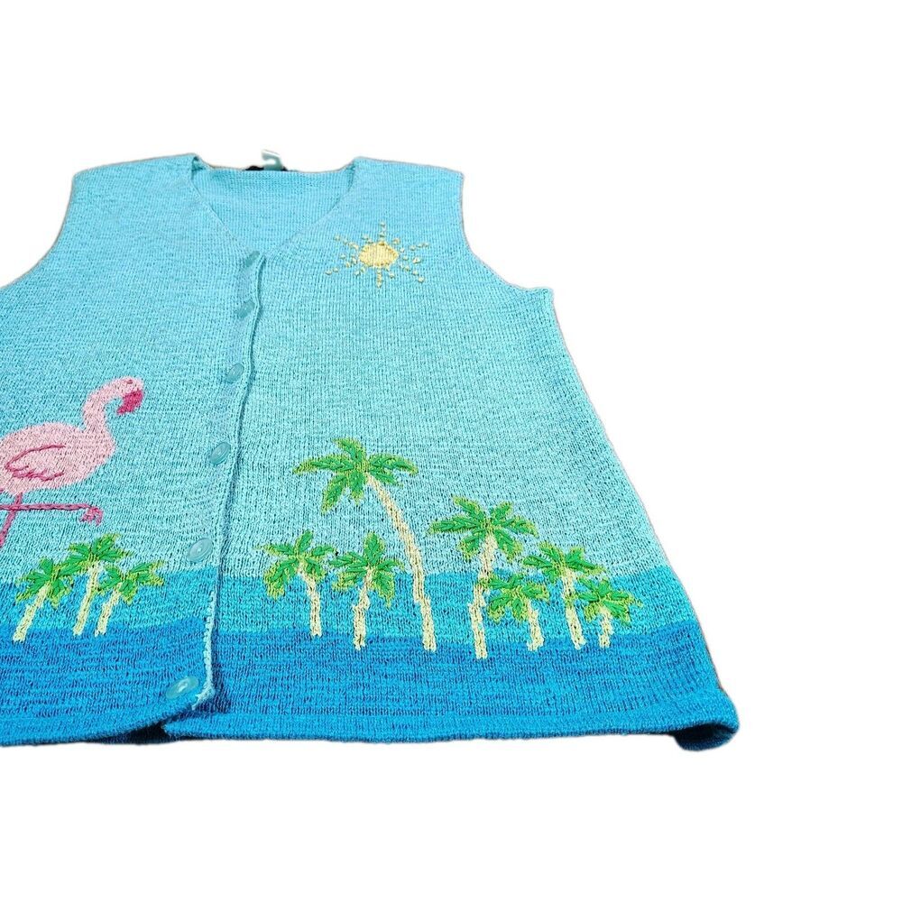 Vintage 90s Flamingo Palm Tree Knit Sweater Vest Womens Size M Tropical Beach - Picture 3 of 9